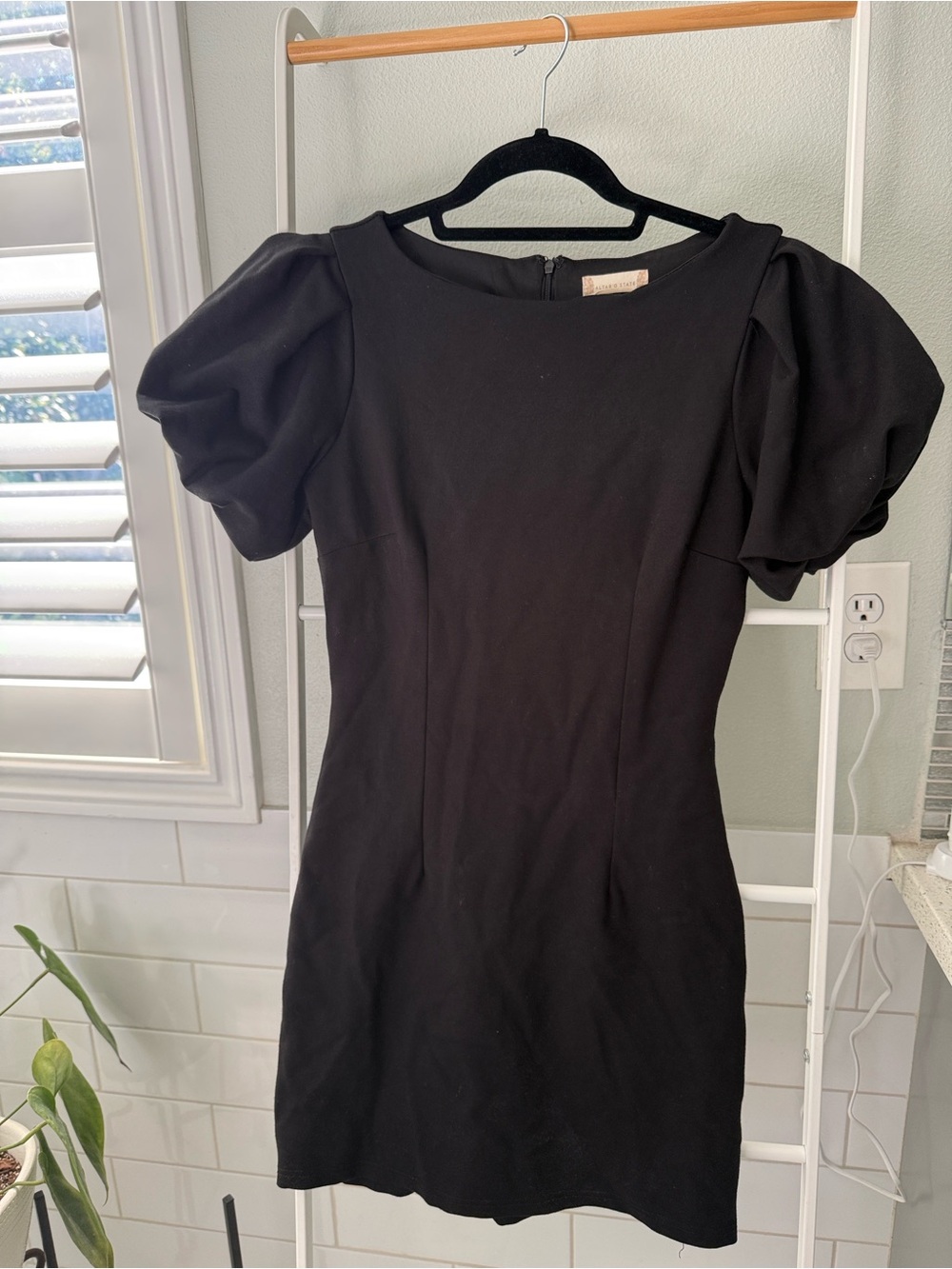 Altar'd State Black Puff-Sleeve Mini Dress with boat neck